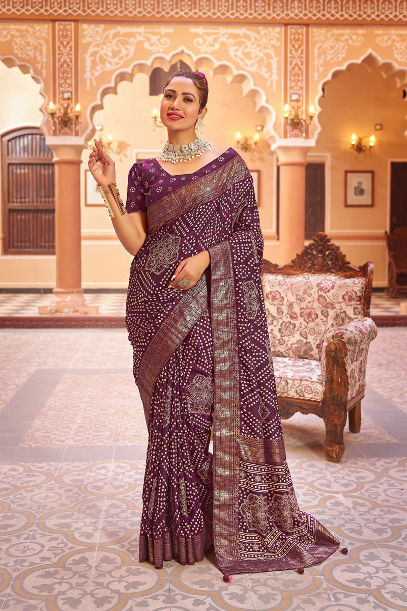 Purple  Dola Silk Bandhani Saree