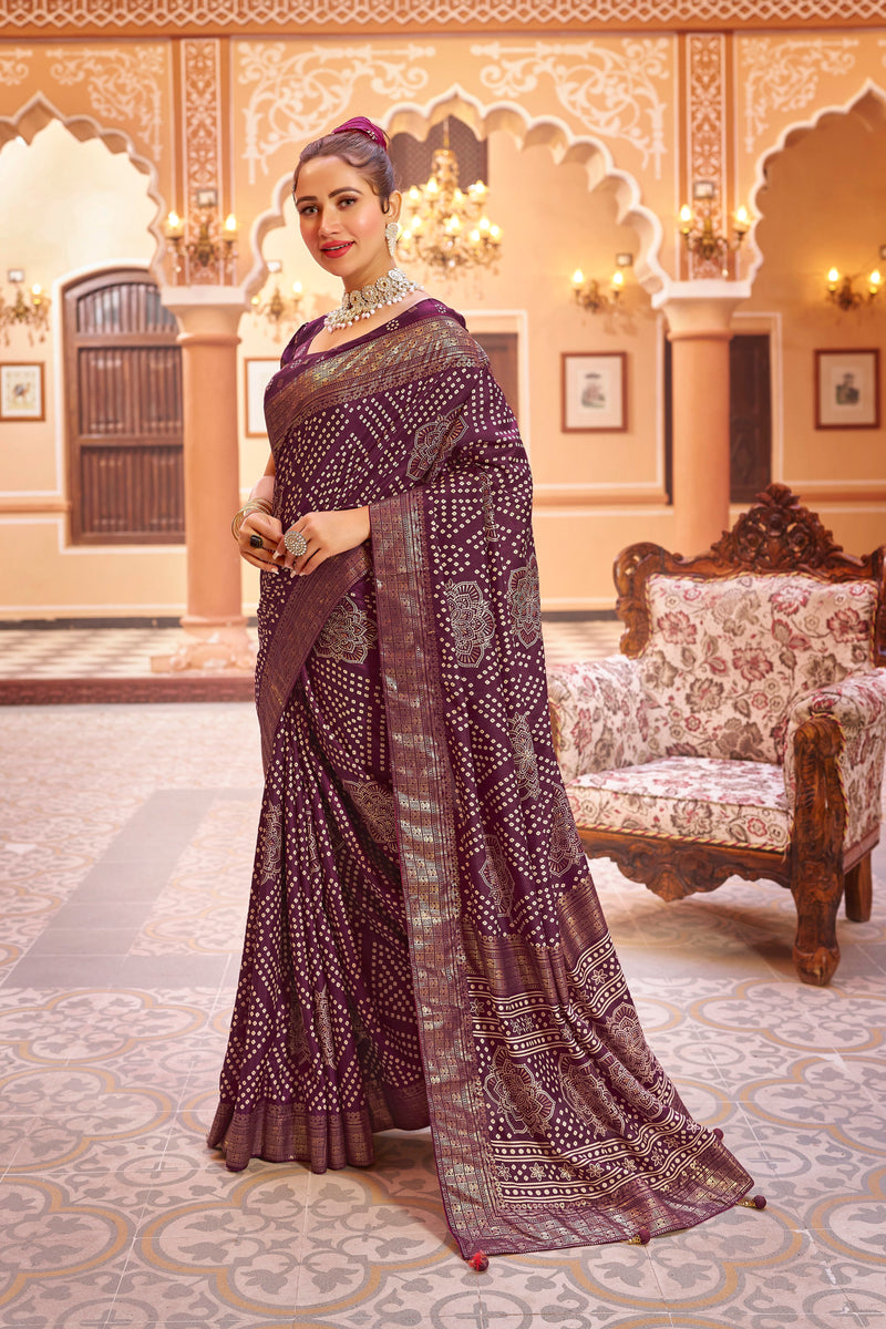 Purple  Dola Silk Bandhani Saree