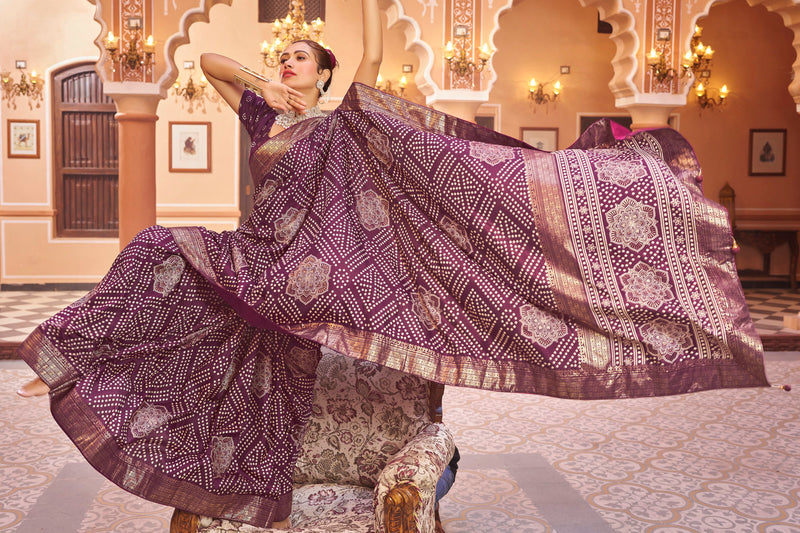 Purple  Dola Silk Bandhani Saree