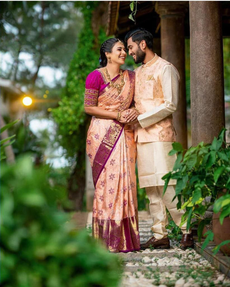 Peach Zari Woven  Kanjivaram Silk Saree