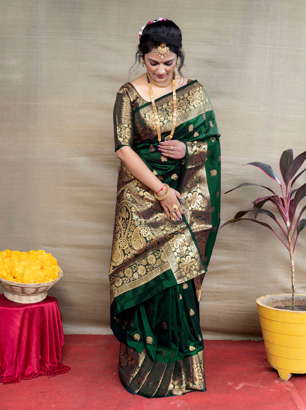 Banarasi Silk Saree in Dark Green