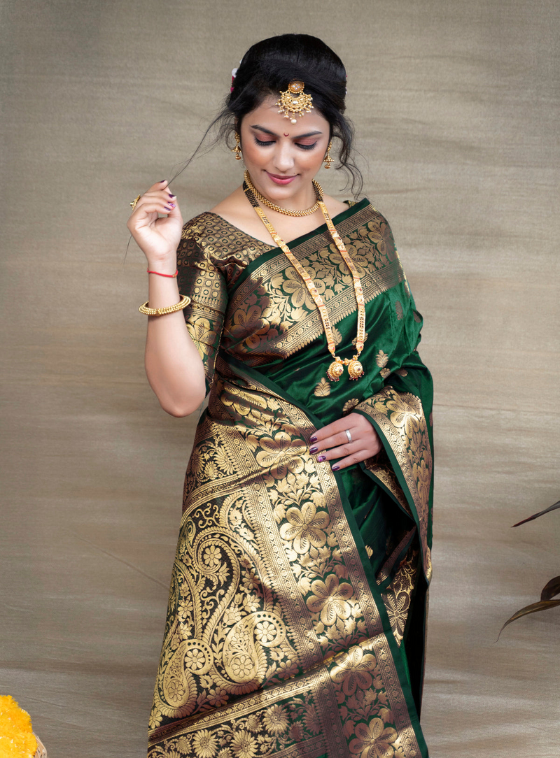 Banarasi Silk Saree in Dark Green