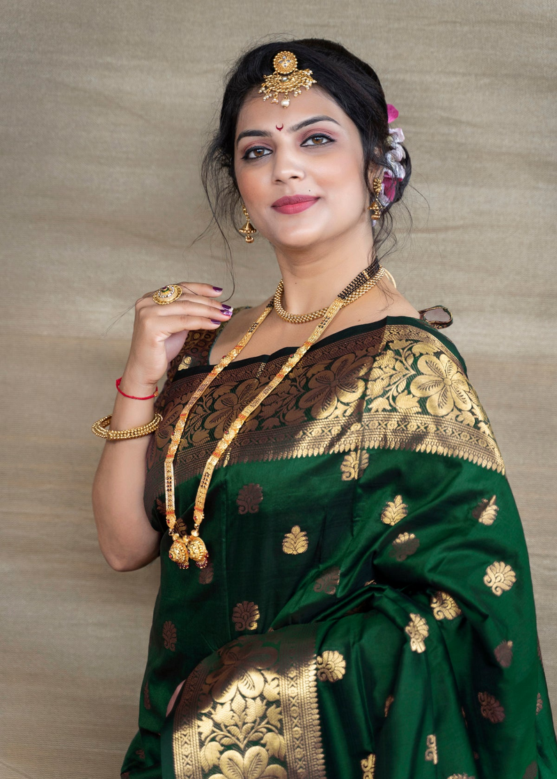 Banarasi Silk Saree in Dark Green