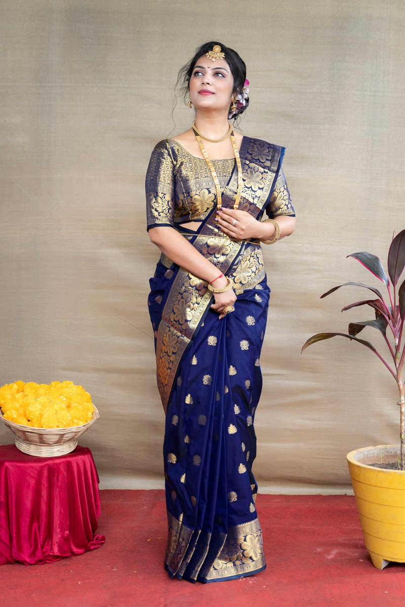 Navy Blue Banarasi Silk Saree