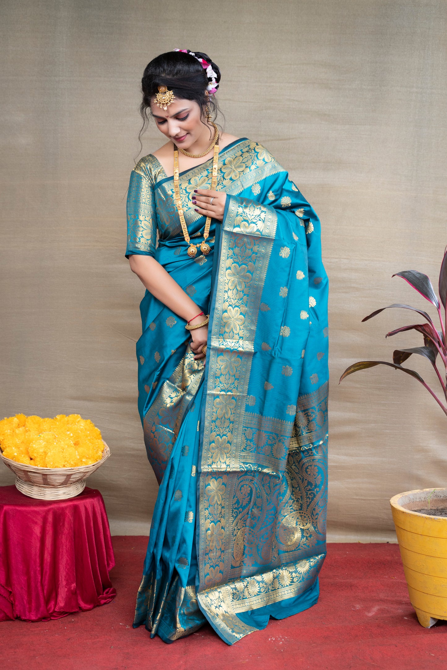 Banarasi Silk Saree in Firozy