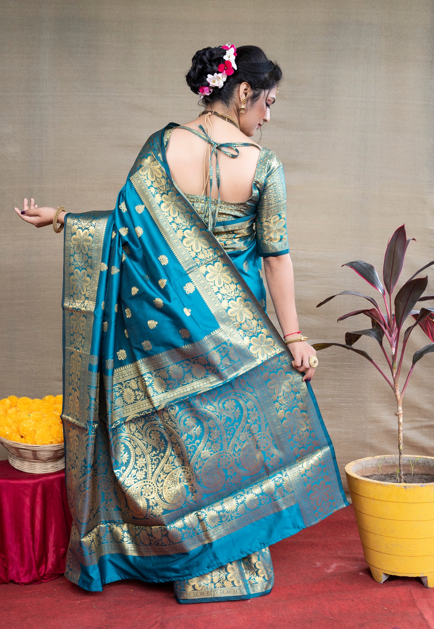 Banarasi Silk Saree in Firozy