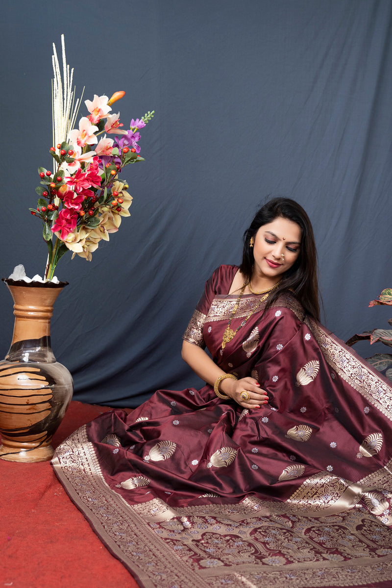 Maroon  Soft Silk Maharashtrian Paithani Saree