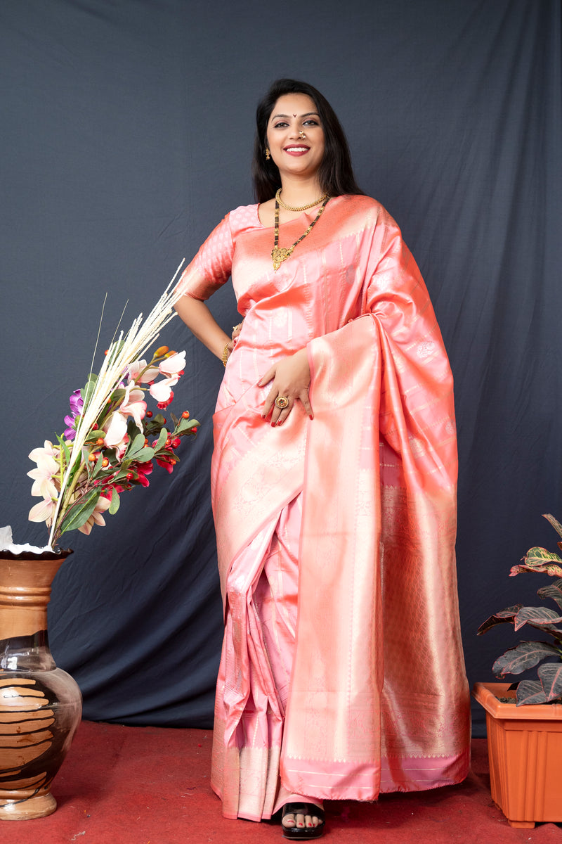 peach  Soft Silk Maharashtrian Paithani Saree