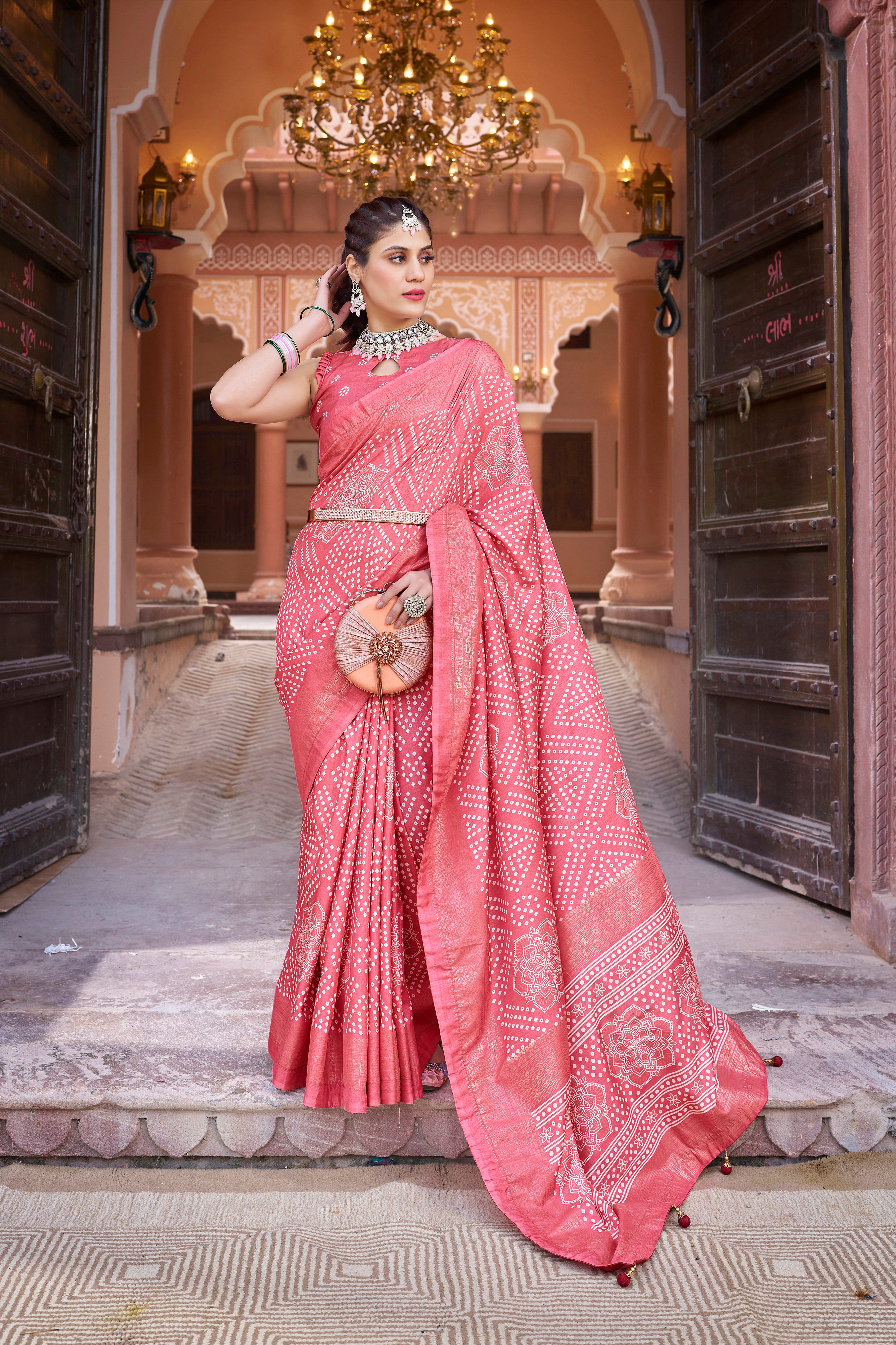 Peach  Dola Silk Bandhani Saree