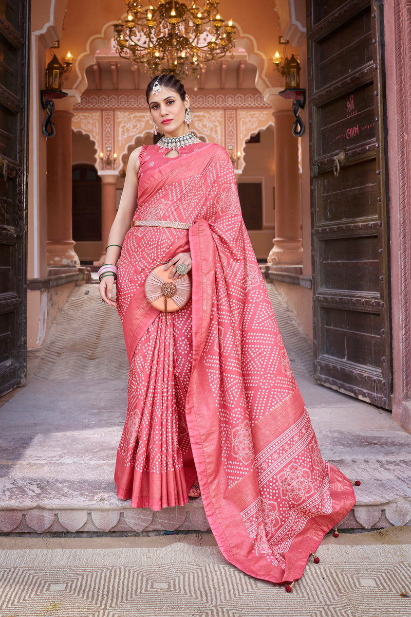 Peach  Dola Silk Bandhani Saree