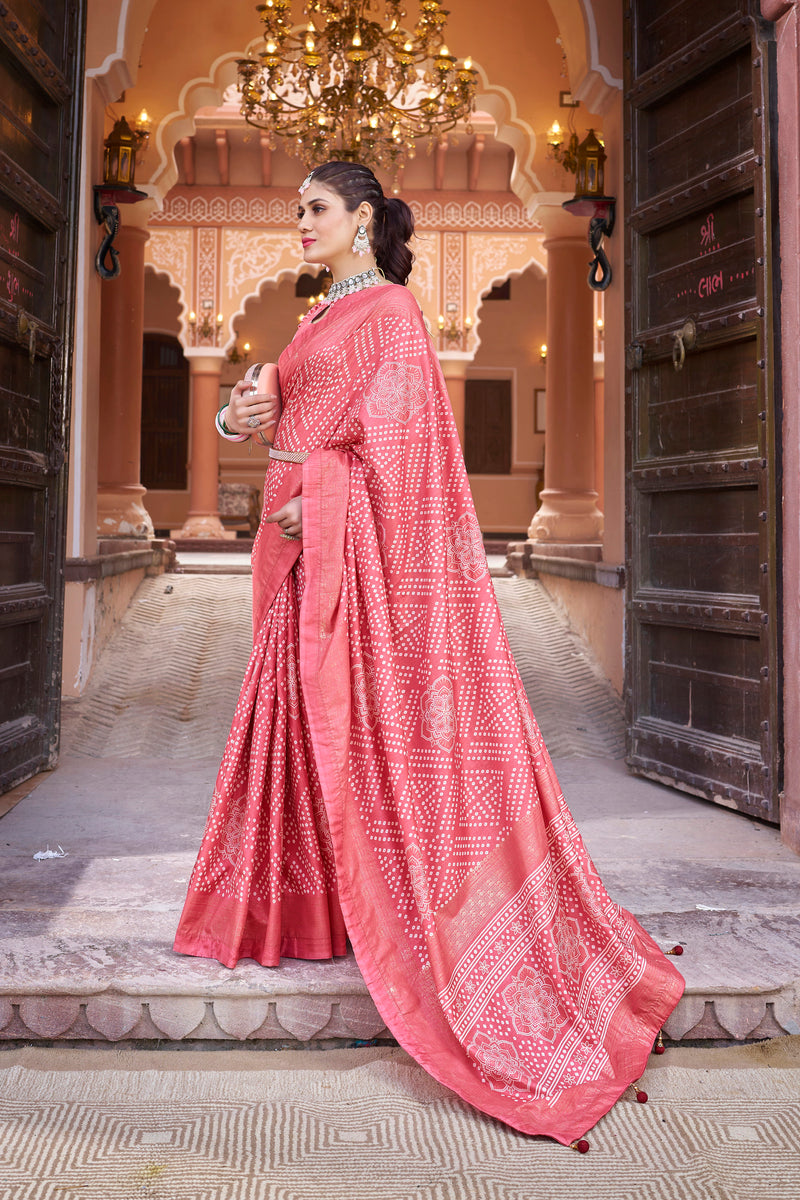 Peach  Dola Silk Bandhani Saree