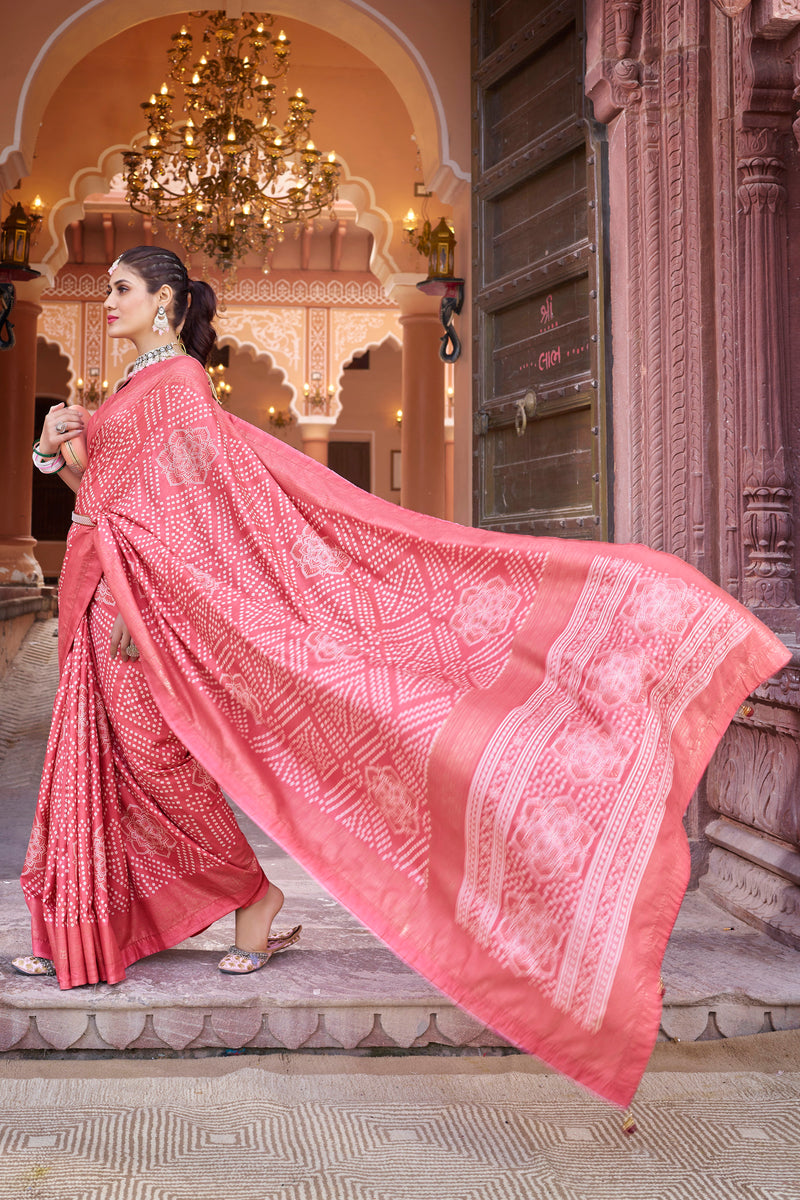 Peach  Dola Silk Bandhani Saree