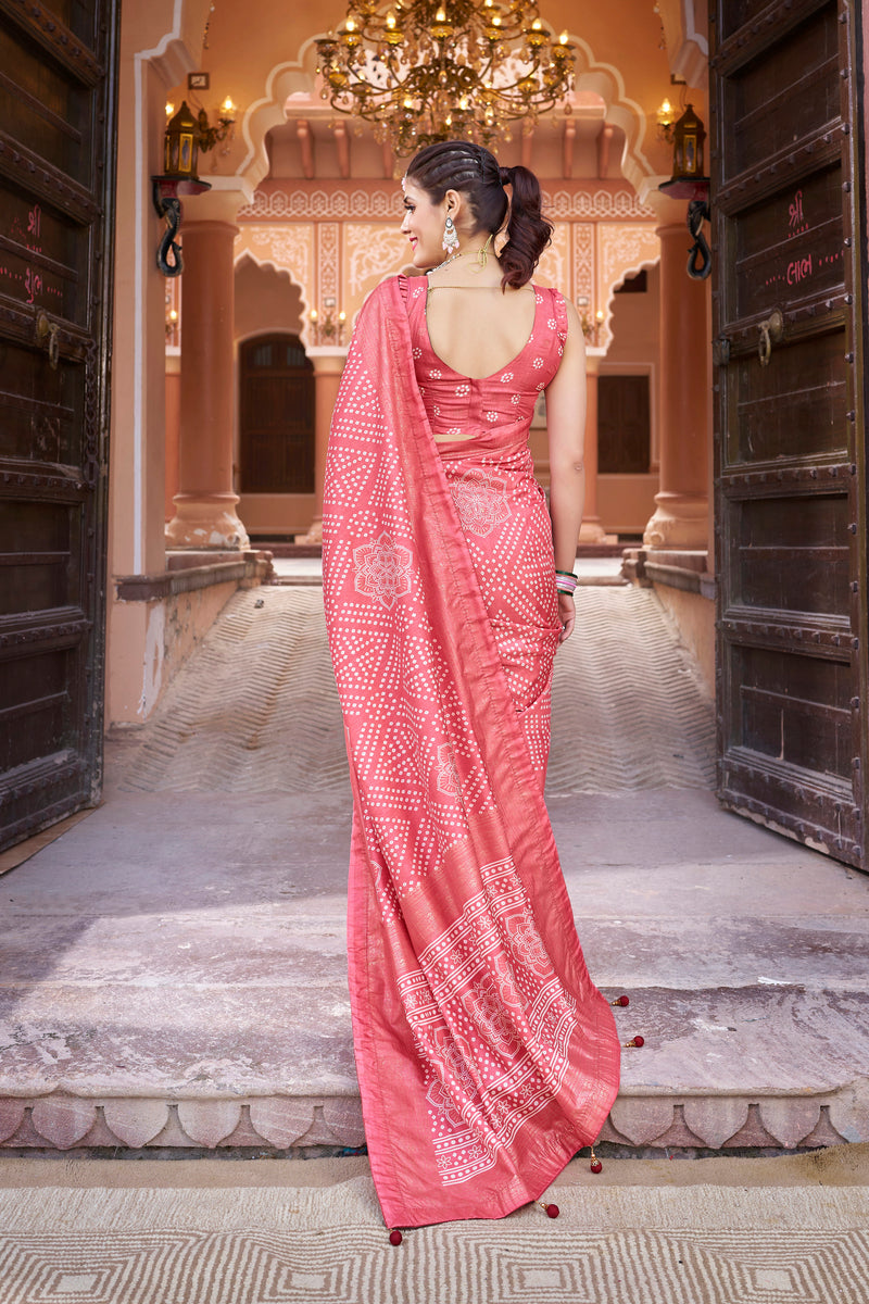 Peach  Dola Silk Bandhani Saree