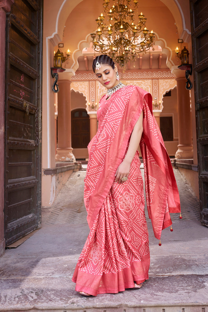 Peach  Dola Silk Bandhani Saree