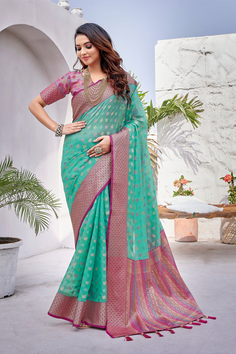 Sea green color soft zarna silk saree with zari weaving work