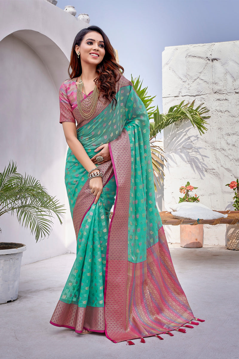 Sea green color soft zarna silk saree with zari weaving work