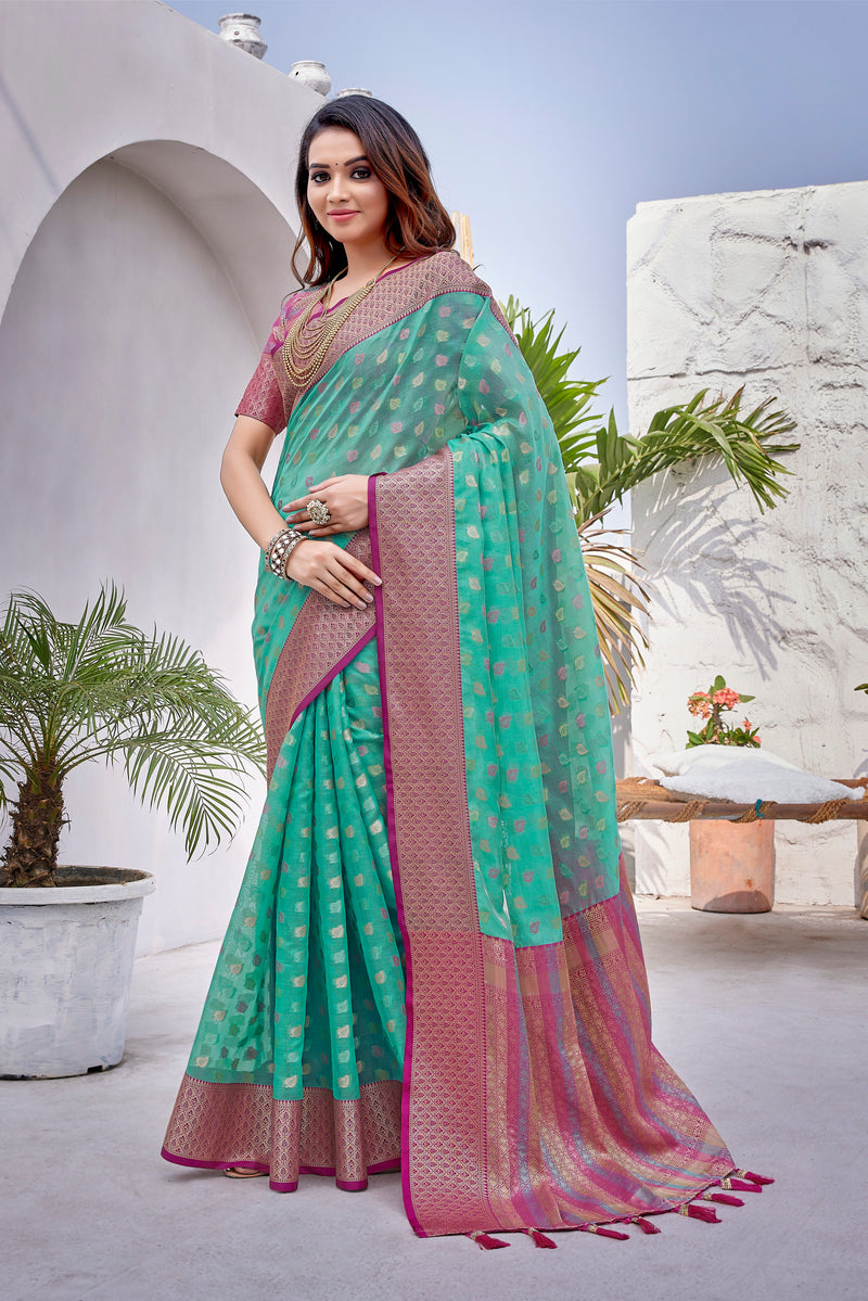 Sea green color soft zarna silk saree with zari weaving work