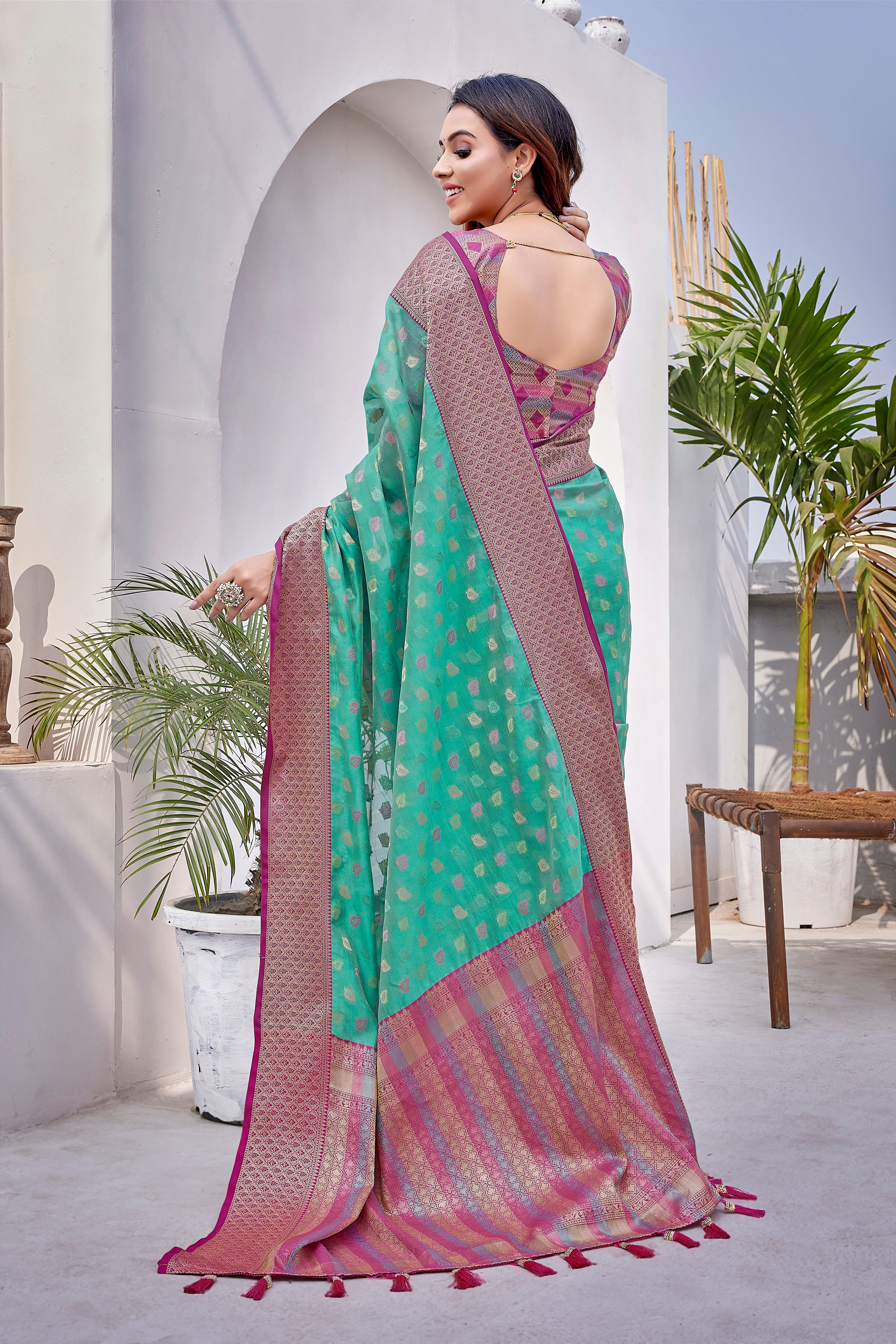 Sea green color soft zarna silk saree with zari weaving work