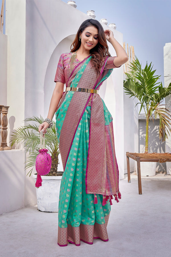 Sea green color soft zarna silk saree with zari weaving work