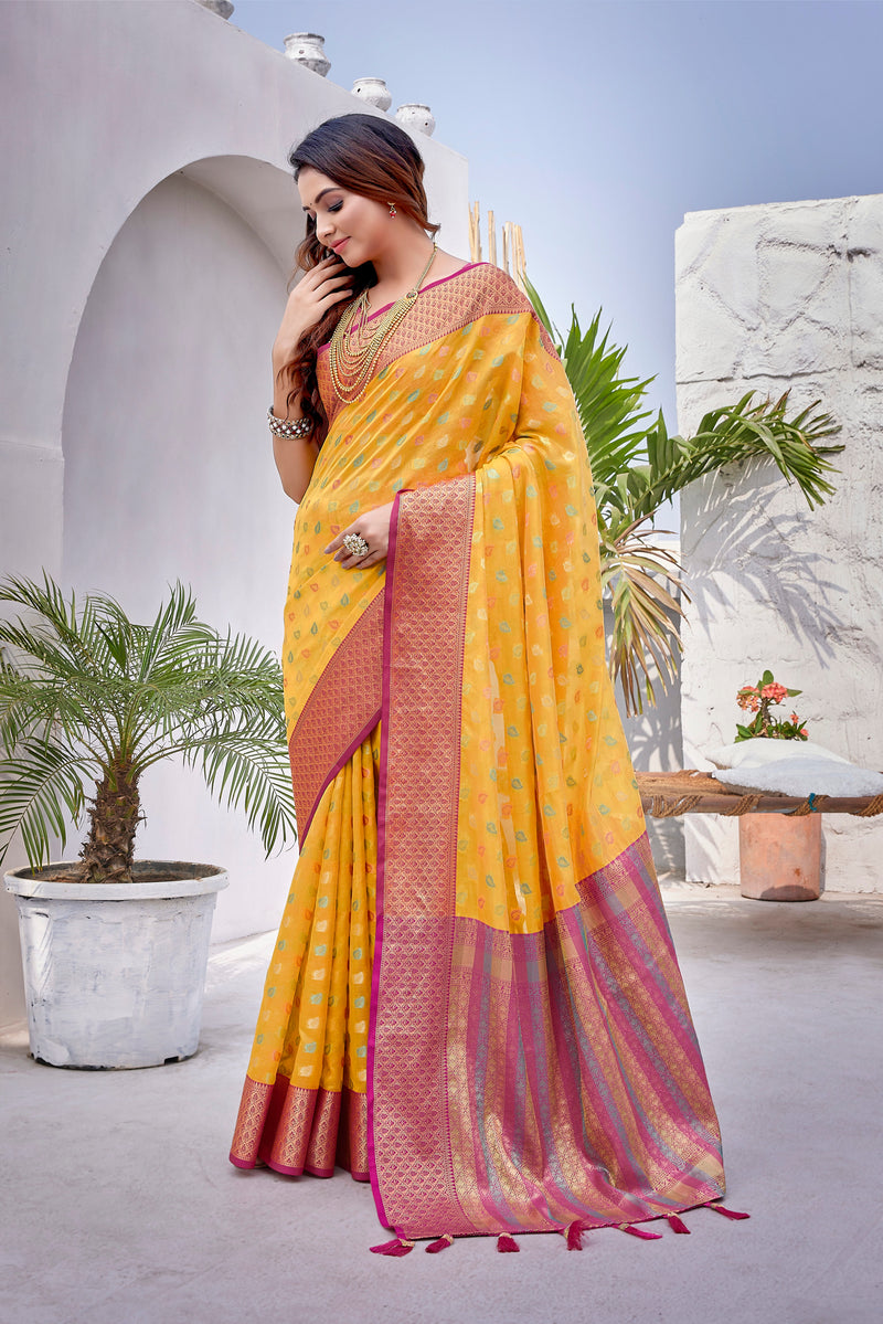 Yellow color soft zarna silk saree with zari weaving work