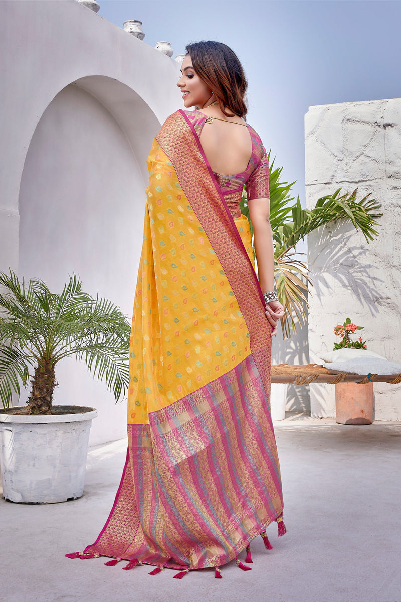 Yellow color soft zarna silk saree with zari weaving work