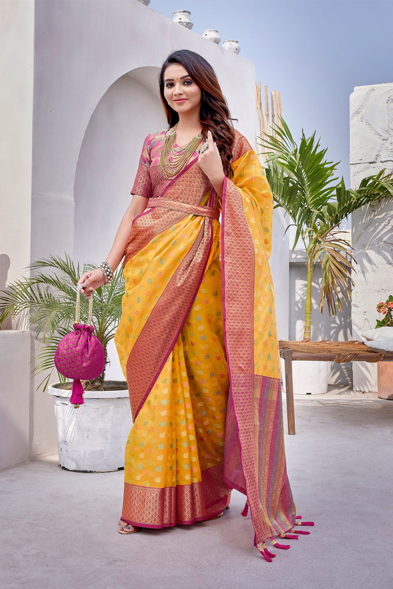 Yellow color soft zarna silk saree with zari weaving work