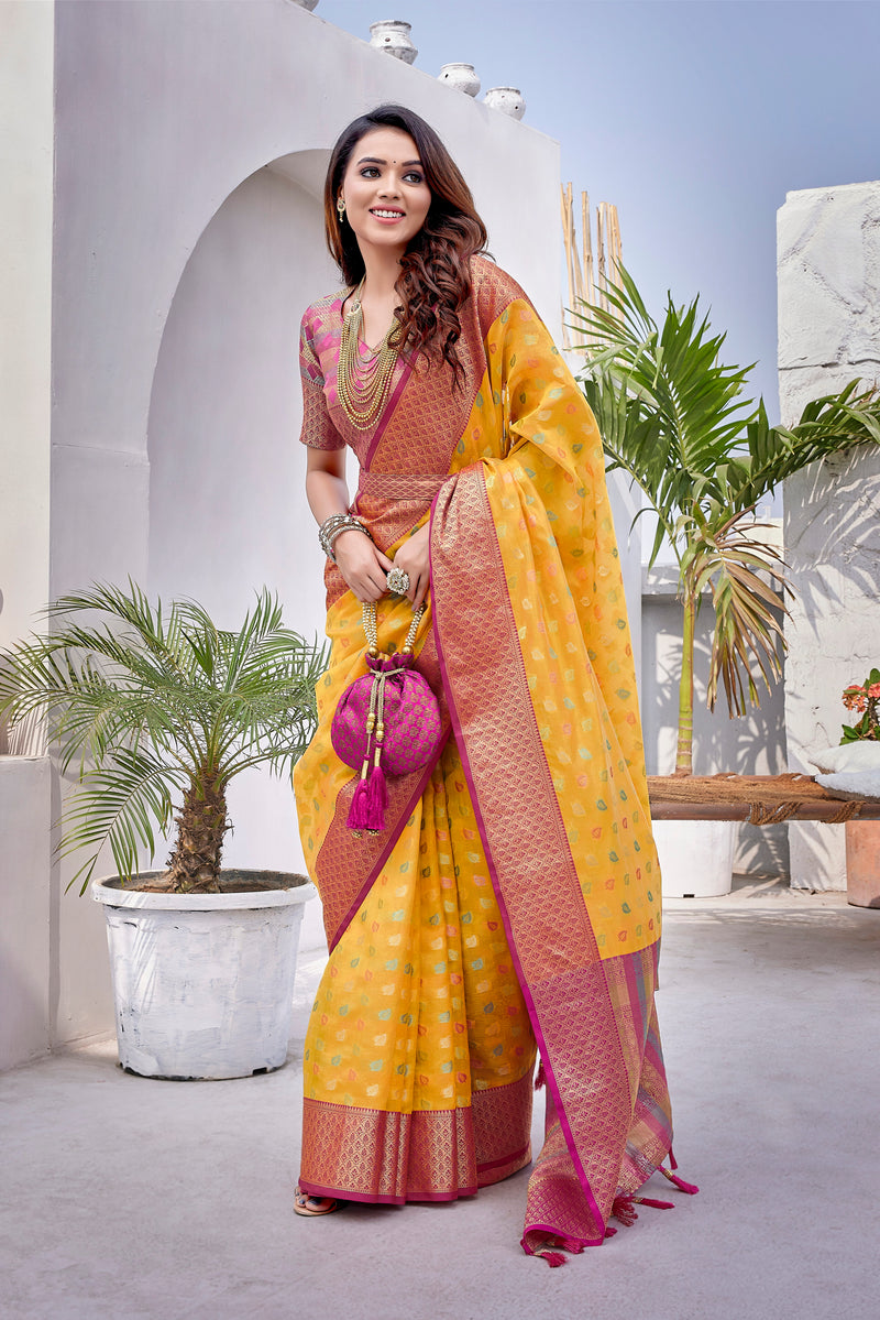 Yellow color soft zarna silk saree with zari weaving work