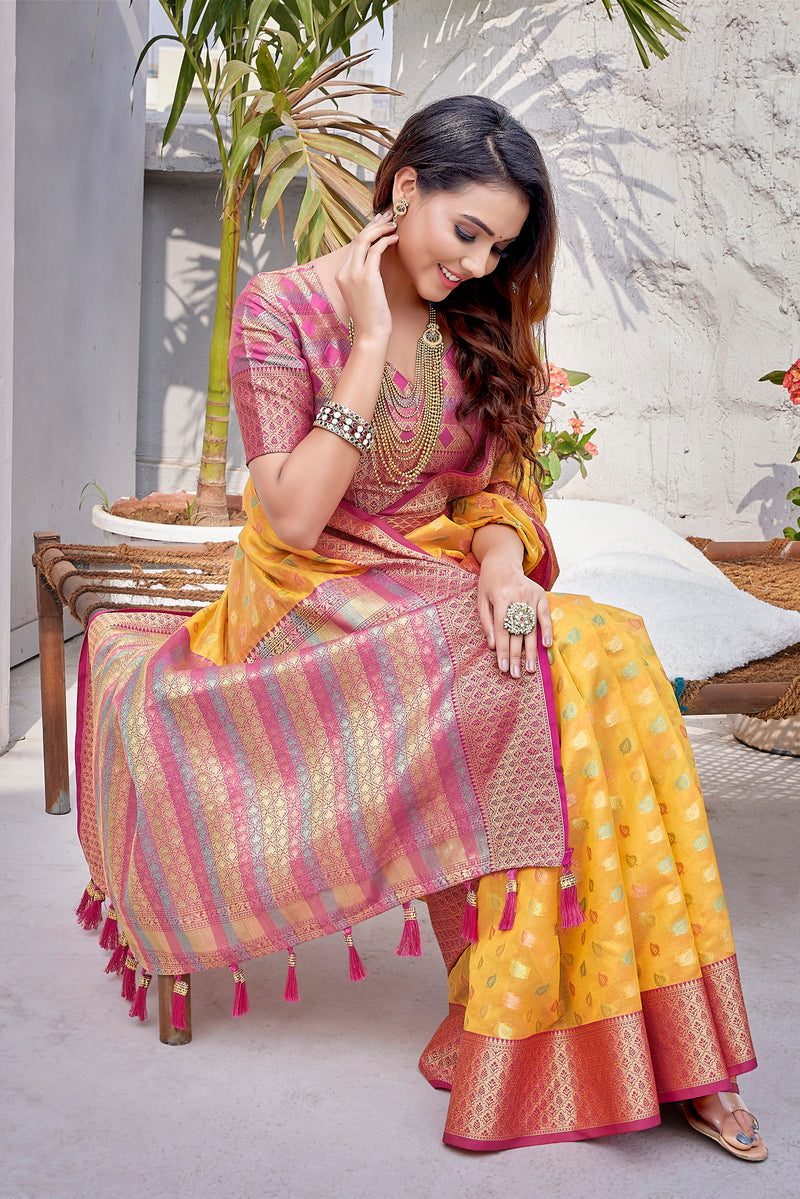 Yellow color soft zarna silk saree with zari weaving work