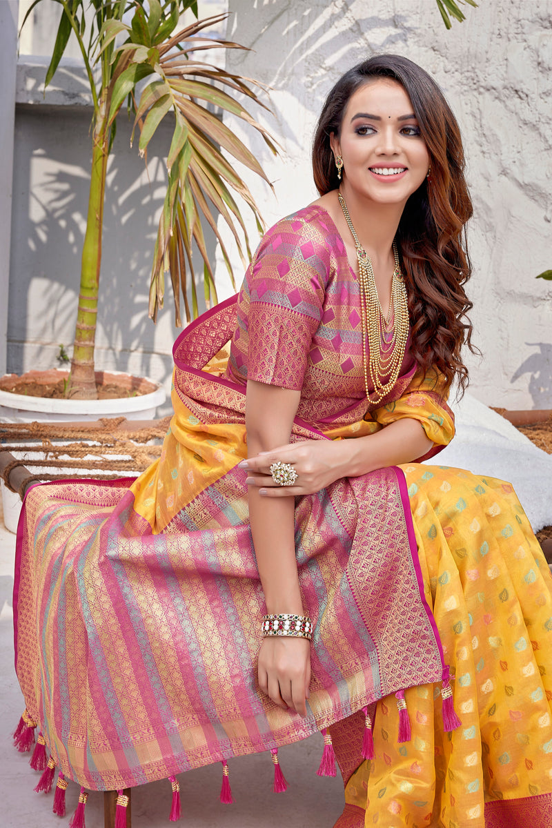 Yellow color soft zarna silk saree with zari weaving work