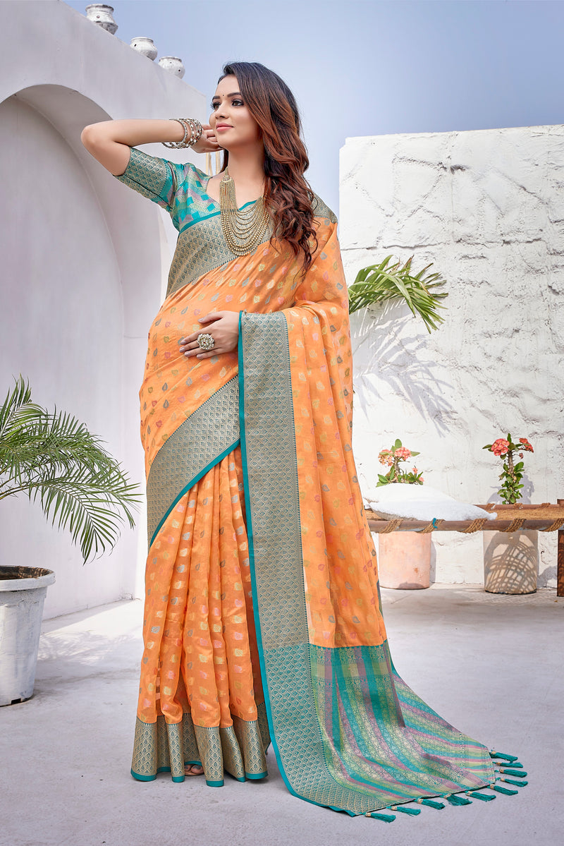 Orange  color soft zarna silk saree with zari weaving work