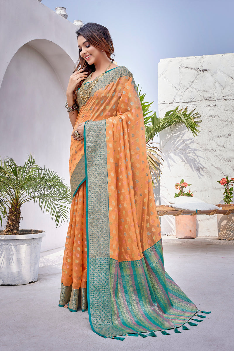 Orange  color soft zarna silk saree with zari weaving work