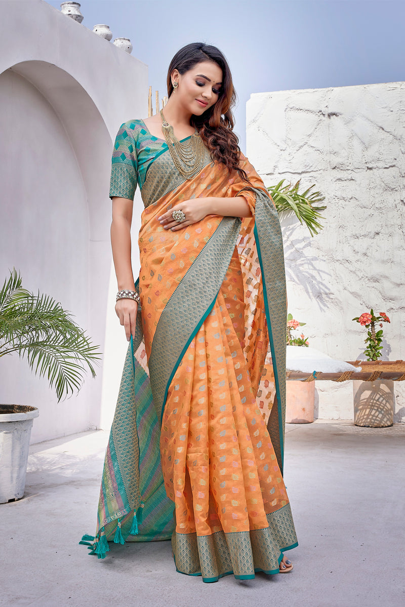 Orange  color soft zarna silk saree with zari weaving work