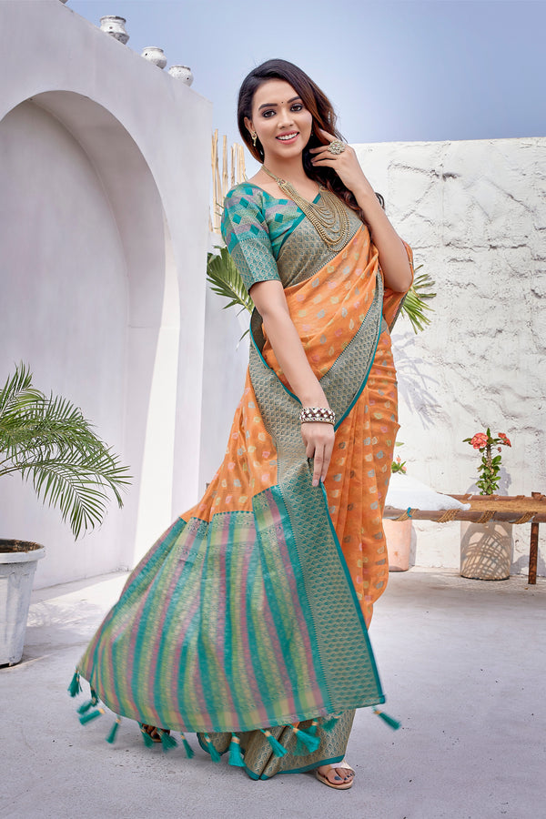 Orange  color soft zarna silk saree with zari weaving work