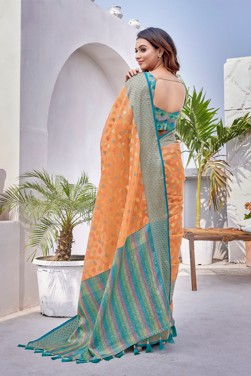 Orange  color soft zarna silk saree with zari weaving work