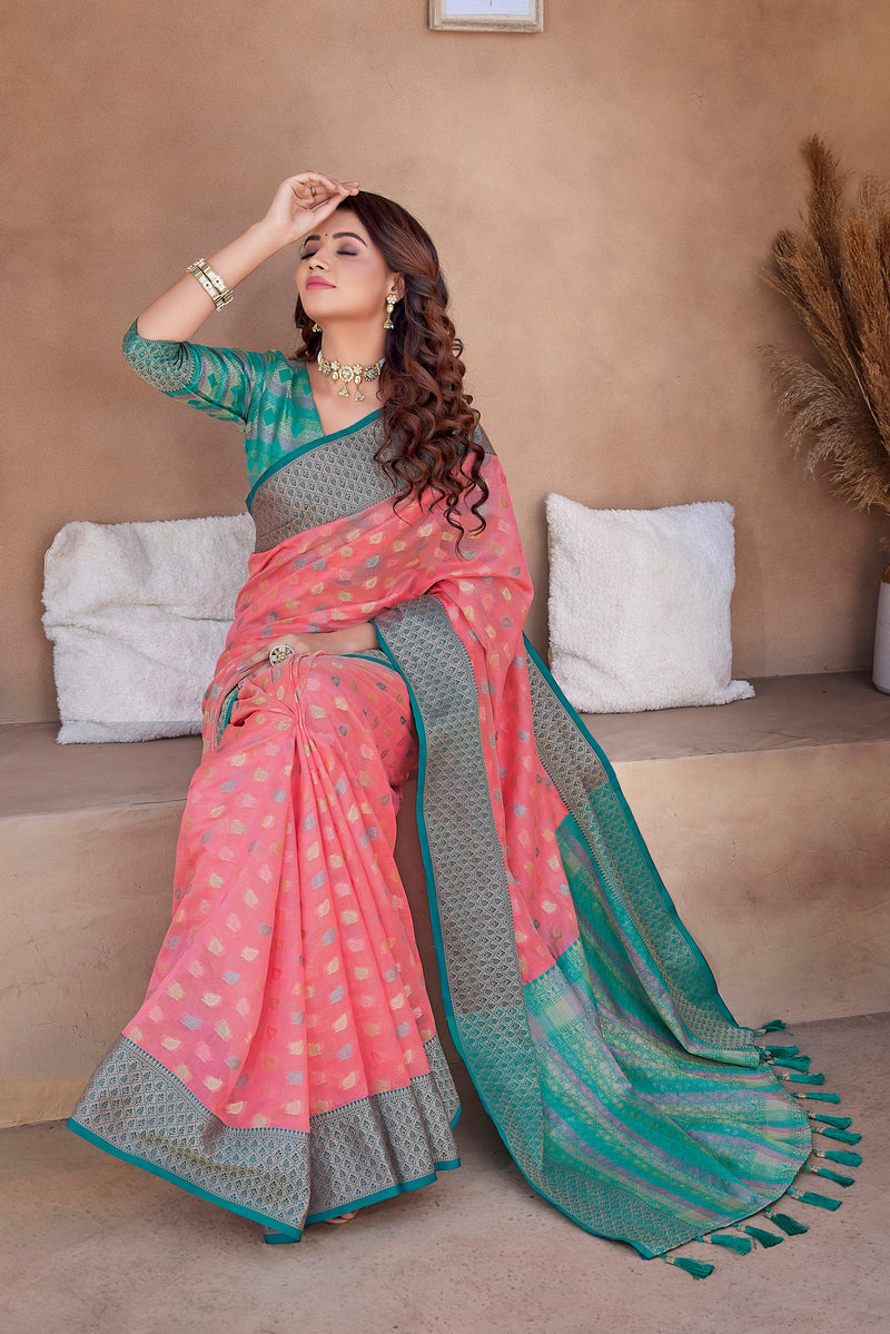 pink  color soft zarna silk saree with zari weaving work