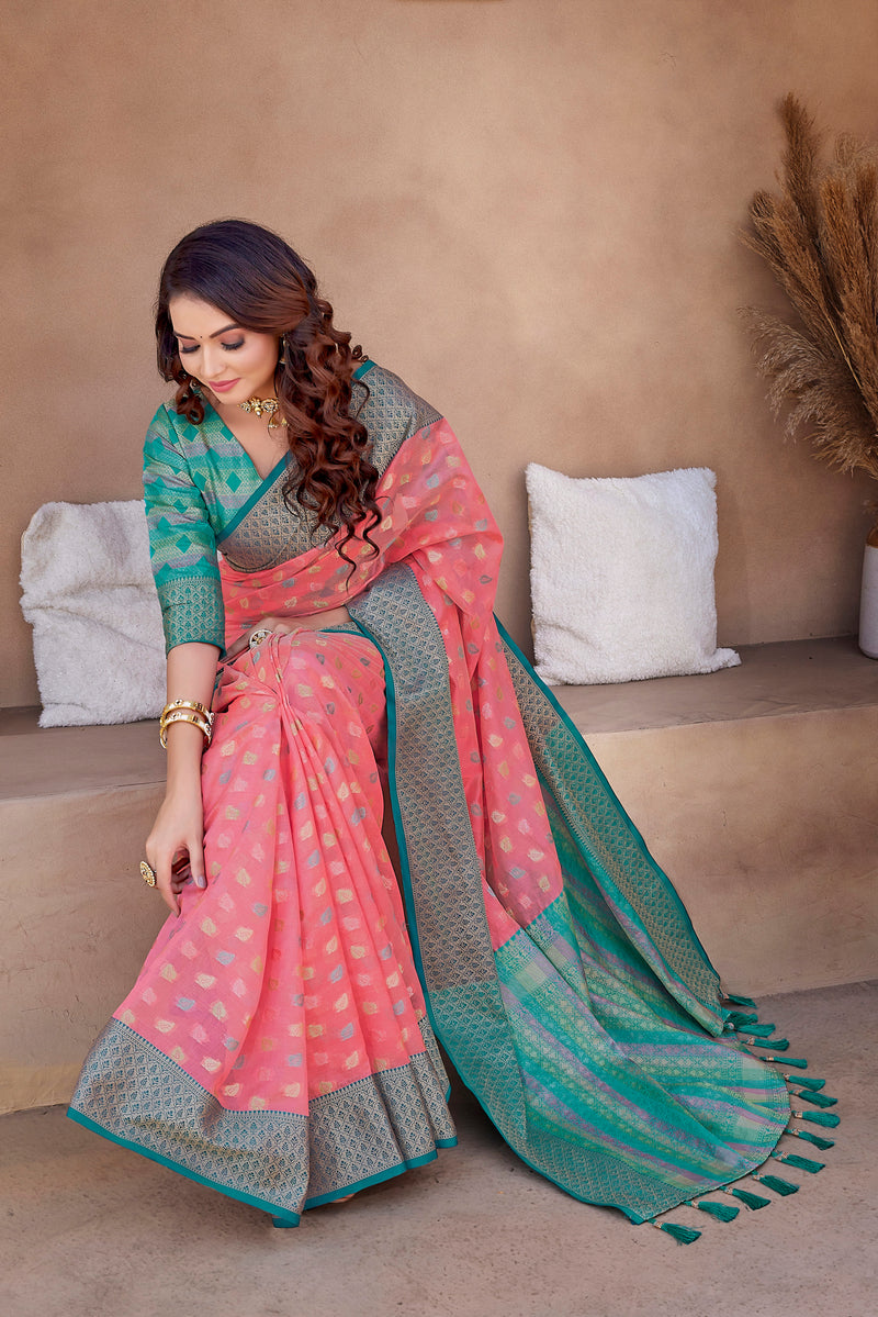 pink  color soft zarna silk saree with zari weaving work