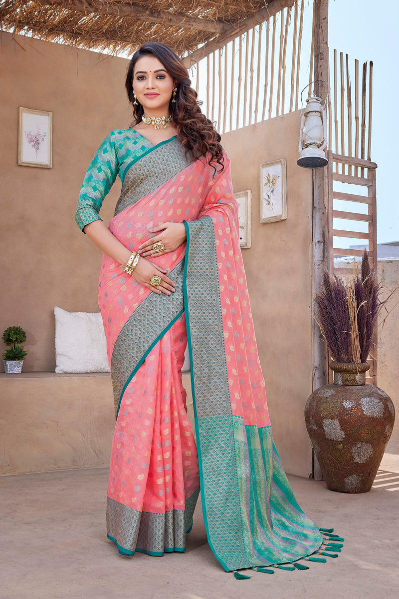 pink  color soft zarna silk saree with zari weaving work