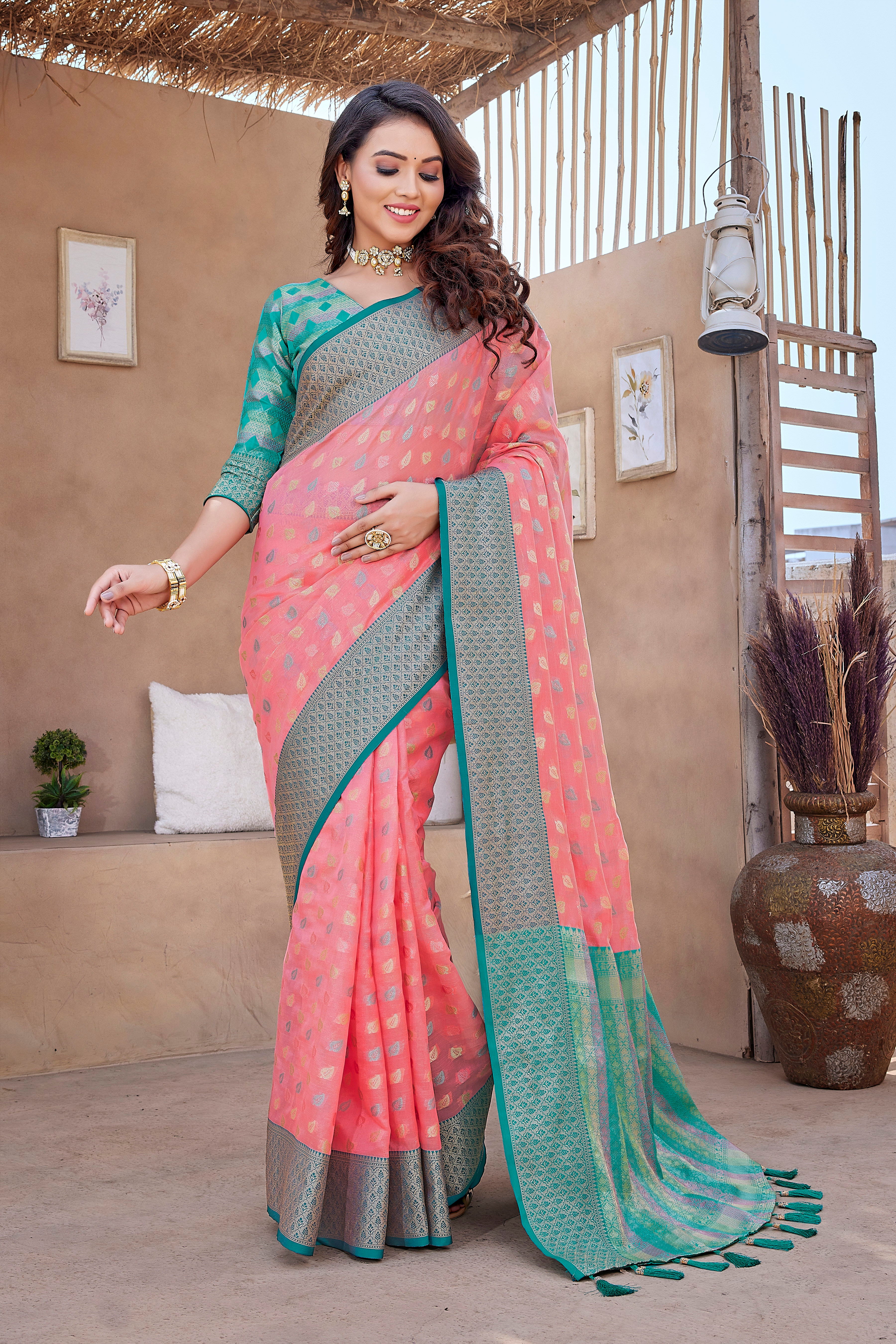 pink  color soft zarna silk saree with zari weaving work