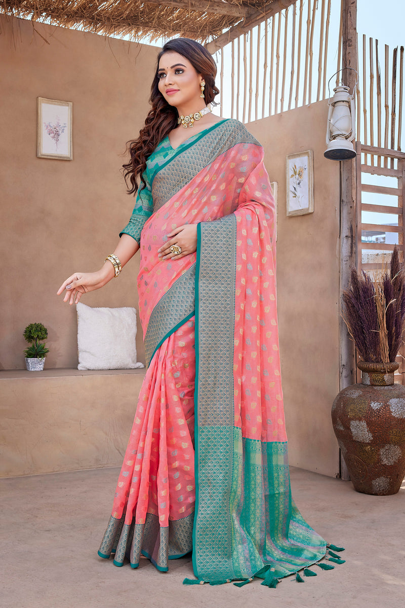 pink  color soft zarna silk saree with zari weaving work