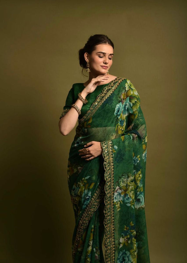 Floral Printed Chiffon Cherry Green Saree