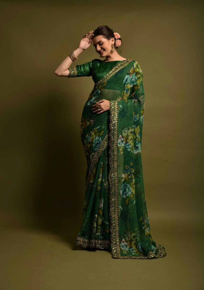 Floral Printed Chiffon Cherry Green Saree