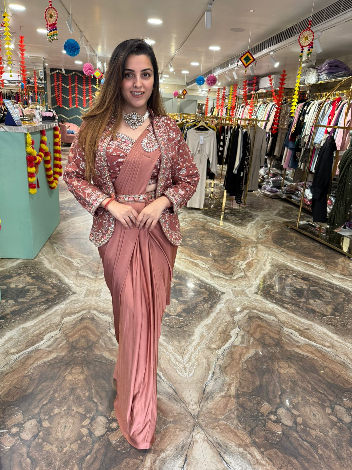 Trendy Indo-Western Ready-to-Wear Saree with Embroidered Koti & Stitched Blouse