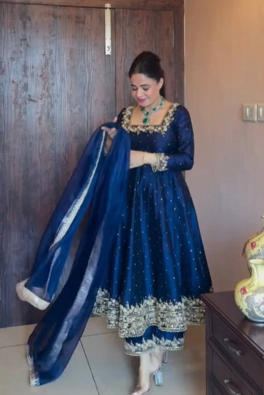 Royal Navy Blue Anarkali Gown with Heavy Embroidery & Dupatta