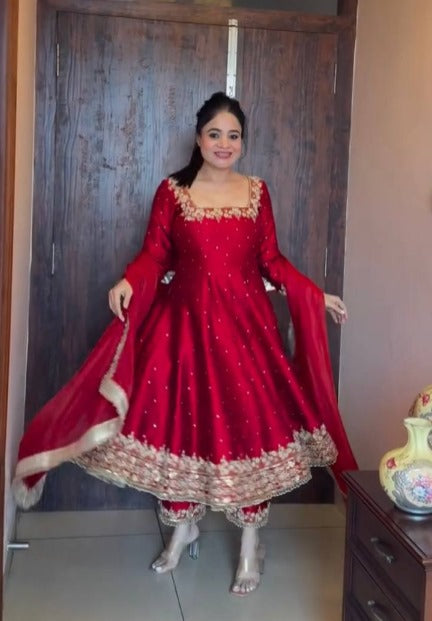 Elegant Midnight Blue Anarkali Gown with Embroidery Work & Dupatta
