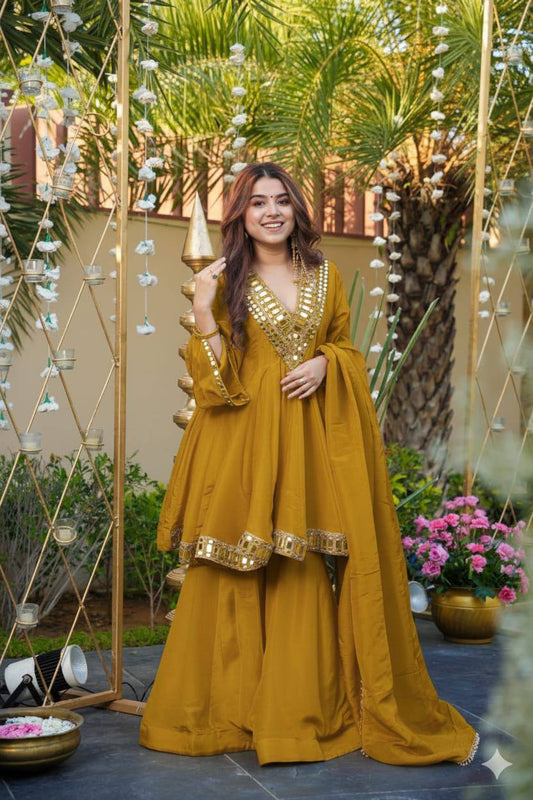 Premium Shimmer Silk Anarkali Suit Set with Embroidery & Real Mirror Work – 4 Meter Flair Top with Bottom & Dupatta for Wedding & Festive Wear