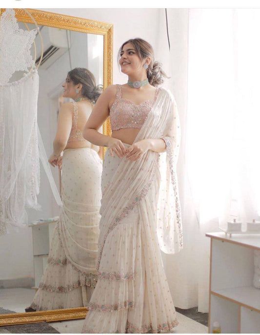 Premium Georgette Saree with Zari Butta, Mirror Work & Ruffle Border