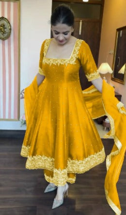 Elegant Midnight Blue Anarkali Gown with Embroidery Work & Dupatta