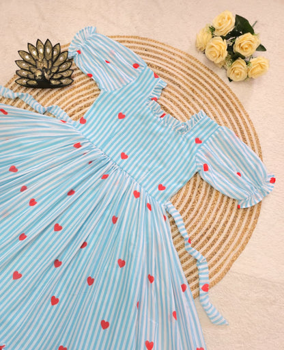 Women’s Striped Printed Midi Dress with Heart Pattern & Ruffle Hem – Stylish Casual & Party Wear Dress