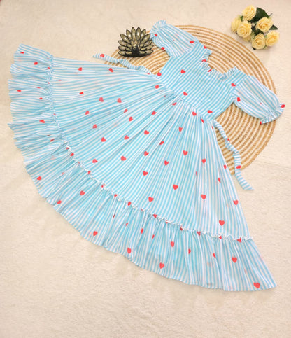 Women’s Striped Printed Midi Dress with Heart Pattern & Ruffle Hem – Stylish Casual & Party Wear Dress