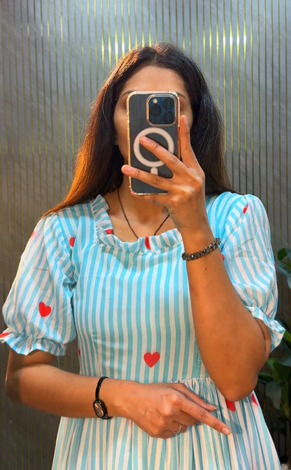 Women’s Striped Printed Midi Dress with Heart Pattern & Ruffle Hem – Stylish Casual & Party Wear Dress